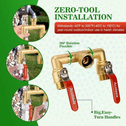 Hose Splitter 2 Way Heavy Duty Brass Garden Hose Splitter with 360° Rotatable, 304 Stainless Steel Long Handle Outdoor Full Flow Hose Splitter Connector, 3/4" GHT Thread