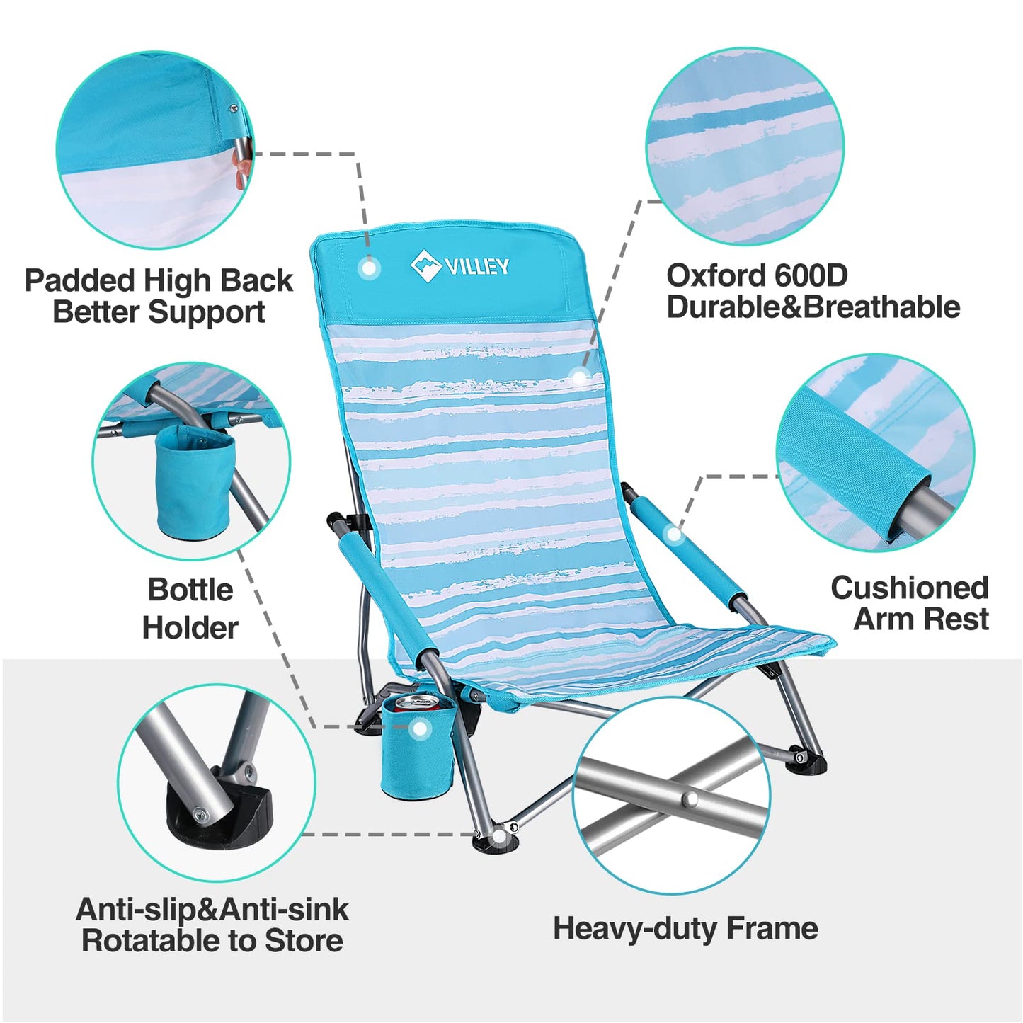 VILLEY Low Beach Chairs for Adults 2 Pack, High Back Folding Beach Chairs, Lightweight and Portable for Outdoor, Beach, Camping, Lawn, Music Festival, with Cup Holder and Carry Bag-Blue Stripes