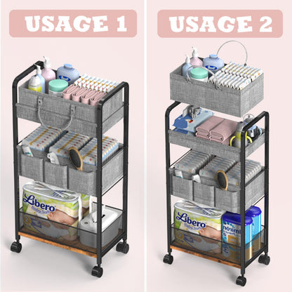 LIDTOP 2In1 Baby Diaper Caddy & 3-Tier Rolling Diaper Cart, Diaper Caddy Organizer Cart with Dividers, Mobile Metal Utility Cart for Nursery Essentials, Detachable Bedside Cart, Large Capacity