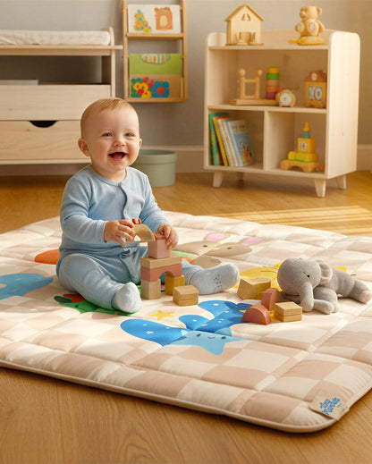 Baby Play Mat, Foldable Play Mats for Floor, 50x50 Inches Crawling Mat for Playpen with Anti-Slip Bottom, Machine Washable, Thicken Padding Foam Playmats for Babies and Toddlers (Sand Checks)