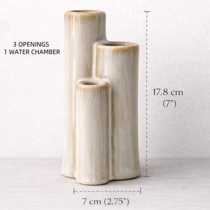 SincereLuxe Ceramic Bud Vase, Sculptural Triple Tube Vase in Cream White for Modern Farmhouse & Minimalist Shelf Decor