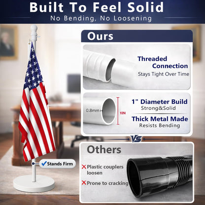 Flag Stand Indoor - 1" Heavy Duty Metal Flag Pole Set with Base,6-8ft Adjustable,Portable & Free Standing For Office,Meeting Room,Classroom,Entry Area,Outdoor Porch Deck (White)