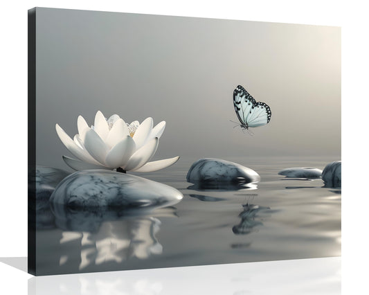 OWNANRTHM Zen Canvas Wall Art Lotus Bathroom Painting Lotus and Butterfly on Lake Pictures Large Butterfly Zen Poster for Yoga Spa Meditation Spirit Room Wall Decor Framed 12X16 inch