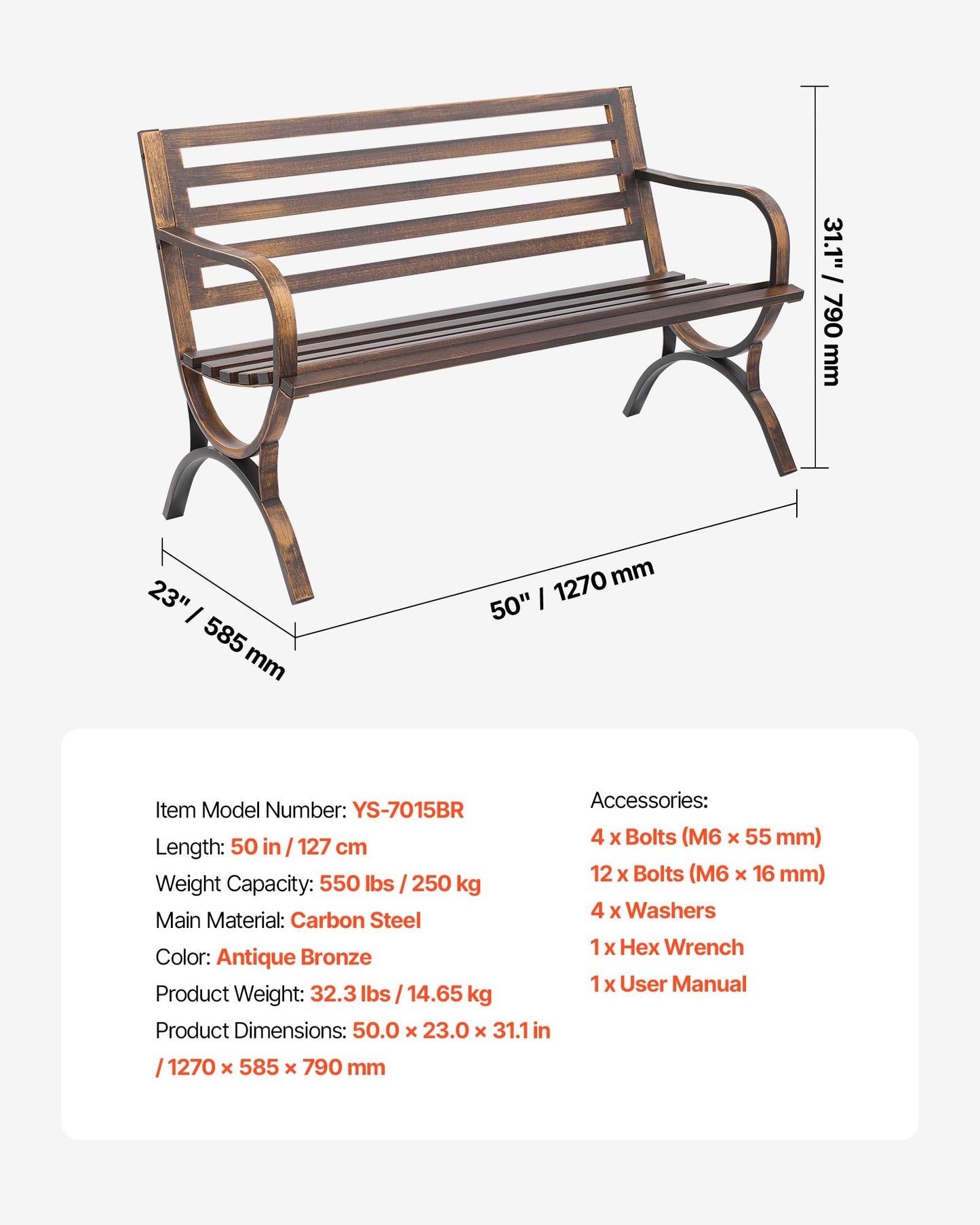 VEVOR Outdoor Bench, 50 inch, Carbon Steel Metal Frame with Slatted Pattern Backrest and Round Edge Armrests, Weatherproof Outside Bench for Patio, Garden, Park, Yard, Front Porch, Antique Bronze
