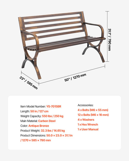 VEVOR Outdoor Bench, 50 inch, Carbon Steel Metal Frame with Slatted Pattern Backrest and Round Edge Armrests, Weatherproof Outside Bench for Patio, Garden, Park, Yard, Front Porch, Antique Bronze