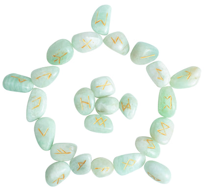Crocon Amazonite Rune Stones Sets for Beginners with Elder Futhark Alphabets for Healing Chakra Crystals Reiki feng Shui Gemstone Runes Set Size: 15-20 mm with a Pouch & Rune brochure