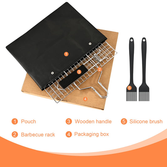 Fish Grill Baskets，Folding Portable Fish Grilling Rack For Grill, BBQ Grilling Basket, Stainless Steel Grill Basket For Veggies, Shrimp, Meat Cook，Come With Storage Bag and Two Basting Brush