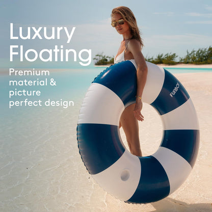 FUNBOY Giant Vintage Navy Blue Stripe Inflatable Tube Pool Float with Cup Holder 48" Large Pool Float for Adults Inner Tube Swimming Pool Toys Swim Rings Pool Lounger Float for Pool Party & Summer