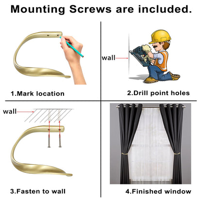 Sumnacon 2 Pcs Aluminum Alloy Curtain Holdbacks - Decorative Wall Mounted Drapery Tiebacks with Screws, Heavy Duty Window Treatment Holdbacks for Home Decor, Gold