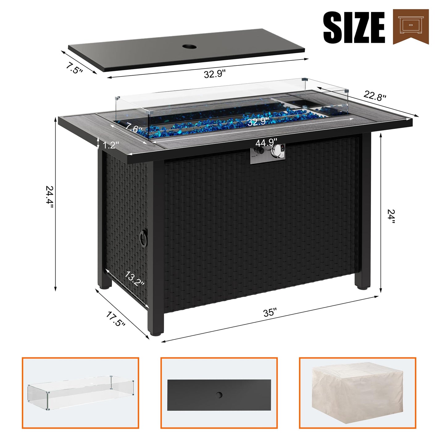 Shintenchi 45 Inch Outdoor Propane Fire Pit 50,000 BTU Gas Fire Pit Table with Lid, Glass Wind Guard, Waterproof Cover, Rectangle Gas Firepit Table for Garden/Patio, CSA Certification