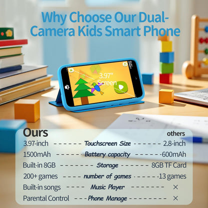 MOMILLA Kids Toys Smart Phone, Dual Camera with Stickers, 3.97" Touchscreen, 200+ Educational Puzzle Games, Learning Toys with Parental Control for Ages 3-8, Birthday Gift