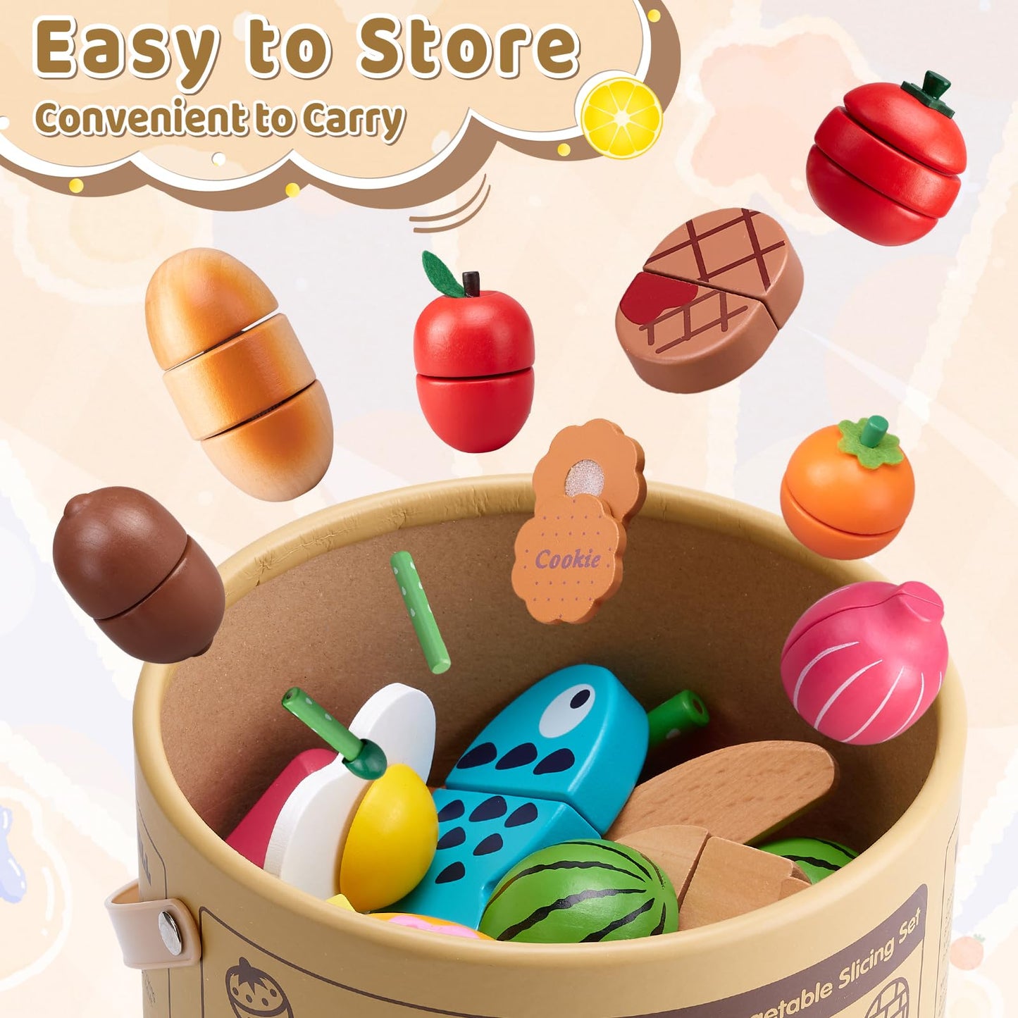 45 Pcs Wooden Pretend Play Food Set for Kids Kitchen - Realistic Cutting Fruits & Veggies with Easy-Cleanup Storage Bucket, Montessori Learning Toy Gift for Toddlers Ages 3-6