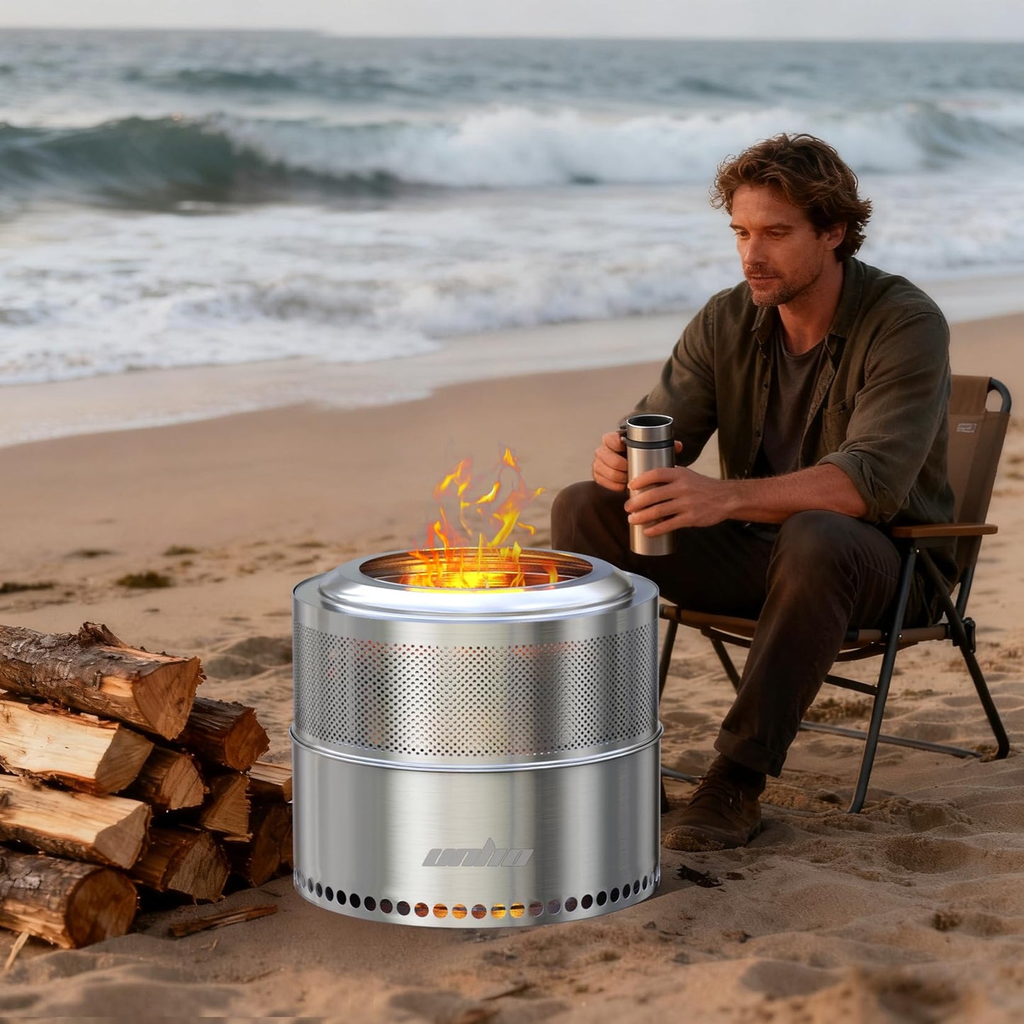 unho 20 Inch smokeless firepit for Outside Wood Burning Stove, Stainless Steel Outdoor Portable Fire Pit for Backyard, Patio, Garden, Picnic