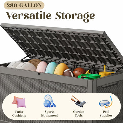 KAMABOKO 280 Gallon Outdoor Storage Box, Resin Deck Boxes Indoor and outdoor, Waterproof Storage Box Lockable Lid for Garden Tools, Package Delivery, Patio Cushions, Grey