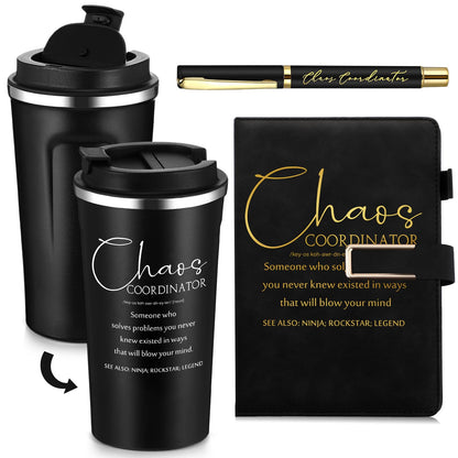 Pickmesh 3 Pcs Chaos Coordinator Appreciation Gifts for Women Men 17 oz Coffee Tumbler A5 Leather Journal with Ballpoint Pen for Admin Professionals Manager Assistant‌ Employee Teacher(Black)