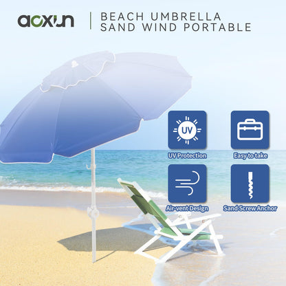 Aoxun Portable Umbrella with Stand, 6.5ft Sun Shade Umbrella with Stand, Lightweight Adjustable Standing with Sand Anchor and Carry Bag, Instant Sun Protection, Easy to Carry, Blue