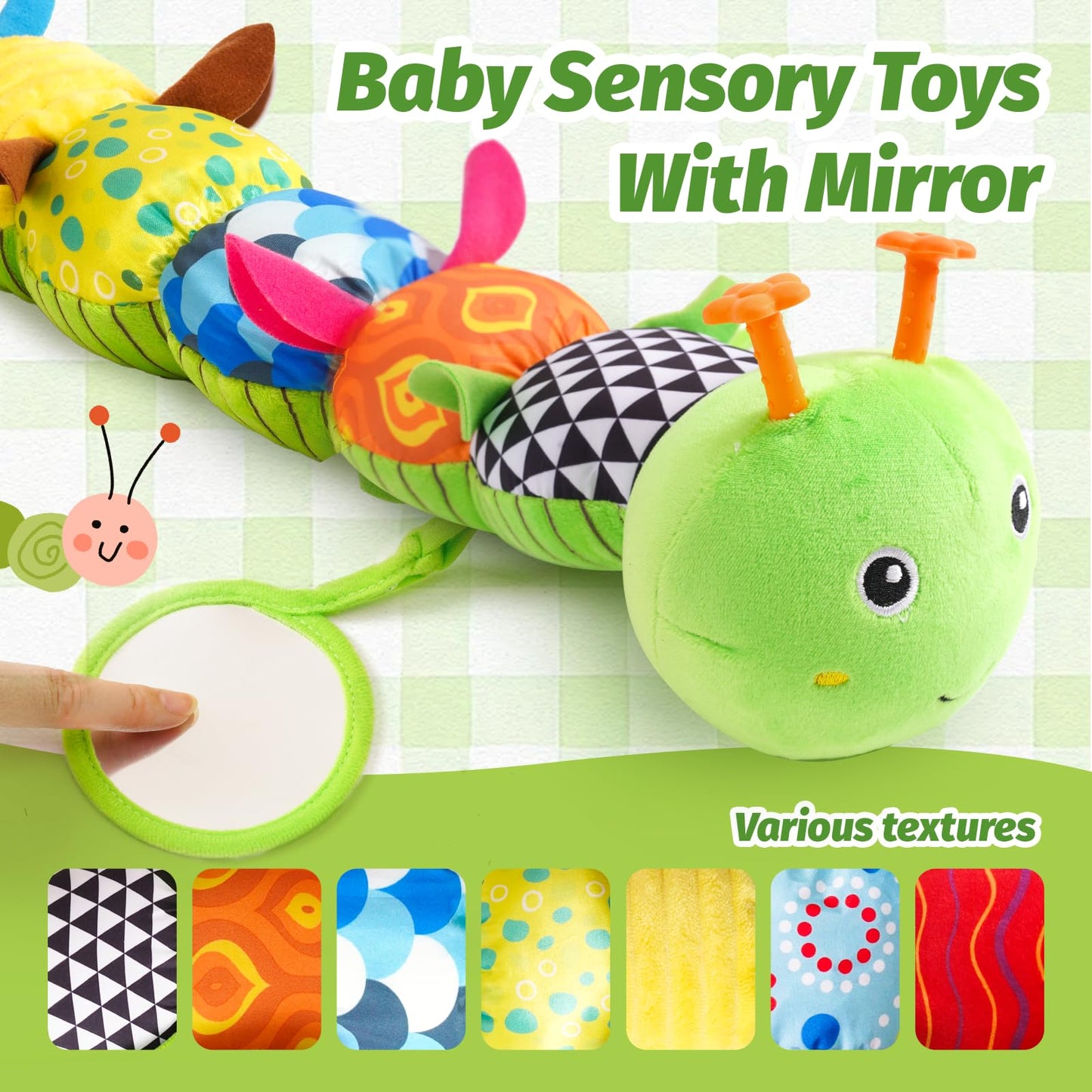 Baby Toys 0-6 Months, Musical Caterpillar Baby Rattle, Plush Sensory Toy with Mirror, Crinkle Textures, Newborn Developmental Tummy Time Stuffed Animal for Infants Boys Girls 6-12 Month (Green)