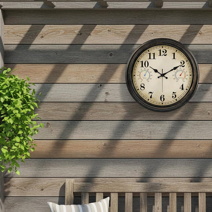 Alarllok 16 Inch Large Outdoor Clock with Thermometer and Hygrometer Combo, Waterproof Indoor Outdoor Wall Clocks for Patio, Pool, Garden, Backyard Decor- Retro Bronze