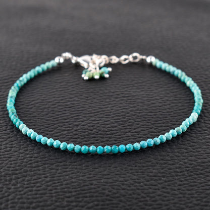 QNAVIC Real Shaded Blue Turquoise Gemstone Micro Round Beads Dainty Bangle Bracelet Jewelry for Women Healing Chakra Crystals December Birthstone Gifts Silver Plated Chain 8 inch