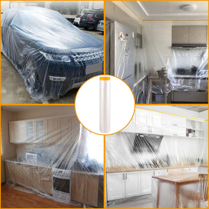 LOYORTY 4 Rolls 8.8 x 65 Feet Painters Plastic Sheeting, Pre-Taped Masking Film, Clear Drop Cloth for Painting, Automotive Covering and Appliance Protection