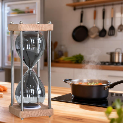 Large 60 Minute Hourglass, with Transparent Glass & Natural Oak Wood Base, Modern Minimalist Office Home Desktop Decor (Black)