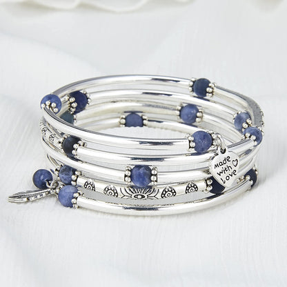 FULU AUTUMN Beaded Bangle Bracelets for Women Silver Wrap Bangles Bracelet Womens Costume Jewelry Fashion Gift(Blue)