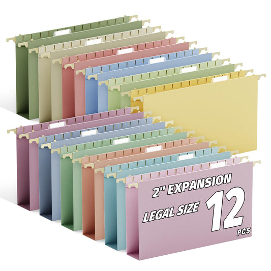 Ansook Legal Size Hanging File Folders, 2" Expansion Legal Plastic File Folders Hanging with Tabs, 12 Pack Pastel Colors Hanging Organizers for Filing Cabinet, Home Office Law Firm Document Storage