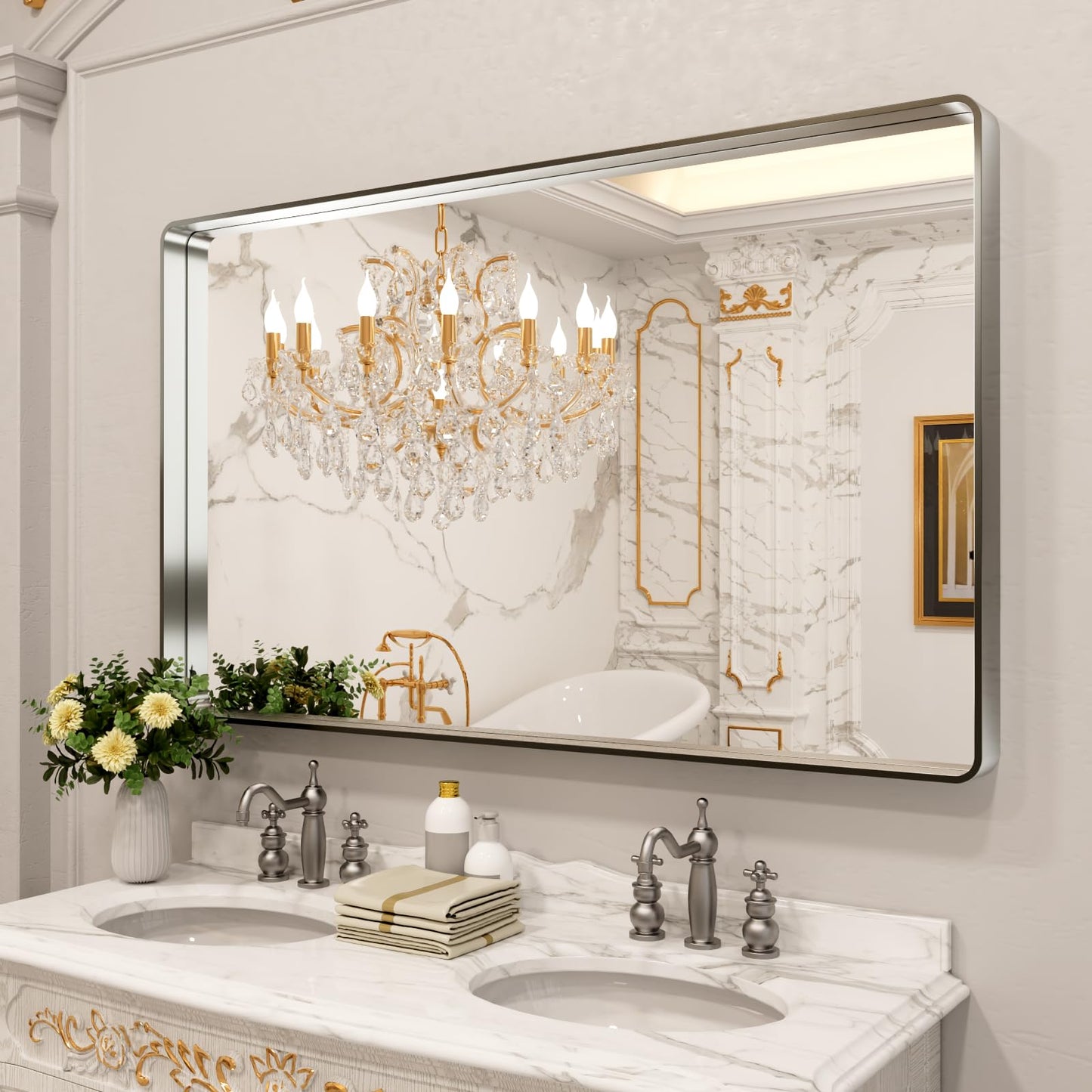 LOAAO 60X28 Inch Brushed Nickel Bathroom Mirror, Rounded Rectangle Silver Metal Frame Mirror, Brushed Nickel, Anti-Rust, Shatter Proof, Hangs Horizontally or Vertically