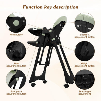 3-in-1 Baby High Chair with Soothing Rocker | Convertible Baby High Chair for Babies and Toddlers | Brake Wheels, Easy Clean, Space Saving | Adjustable, Removable Tray (Black Green)
