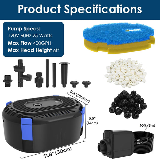 AquaMiracle All-in-One Koi Pond Filters for Outdoor Ponds 200-350 Gal, Pond Fountain Pump with 3 Spray Patterns, Fountain Kit with 400GPH Water Pump for Garden, Water Feature, Bird Baths