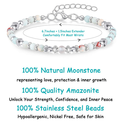 MFTRADING Moonstone Beaded Bracelet for Women - Adjustable Silver Boho Healing Crystal Jewelry Graduation Gift for Sister, Daughter, Niece, Mom