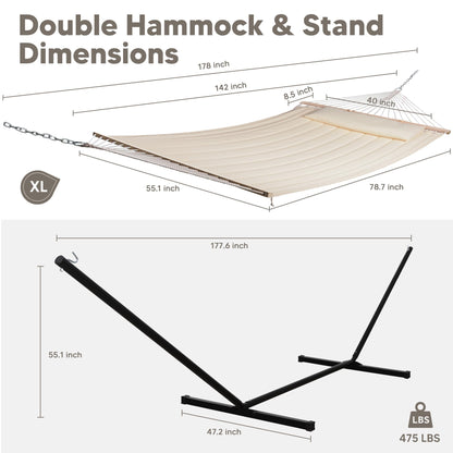 SUNCREAT Double Outdoor Hammock with 15 ft Stand, Standing Patio Hammocks for Outside, Beige
