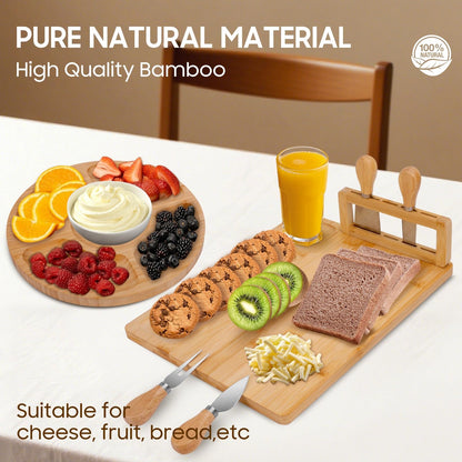 TURIMON Bamboo Charcuterie Board Set - Cheese Serving Platter with 4 Stainless Steel Knives and Fruit Tray - Elegant Cheese Board for Parties, Weddings, and Home Entertaining