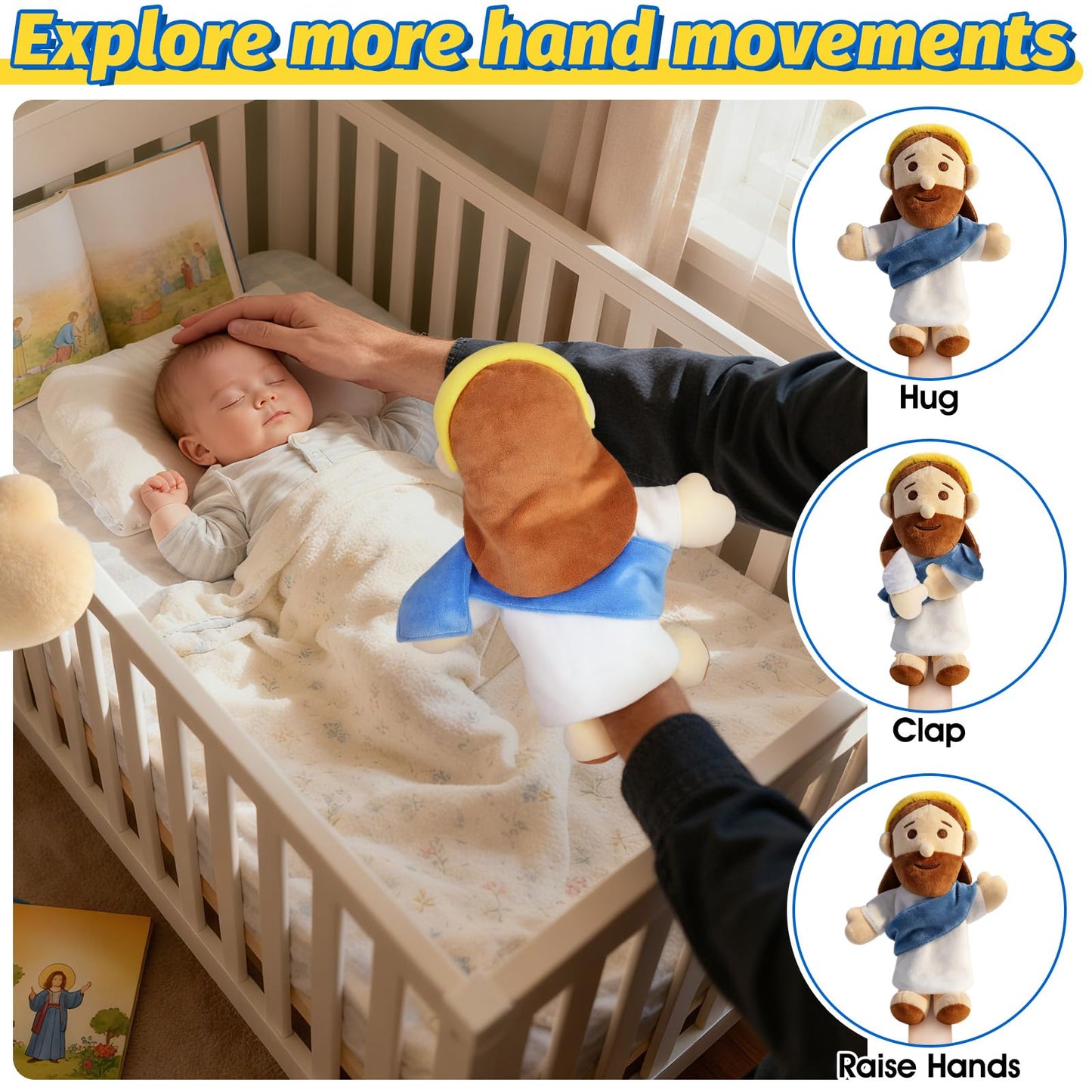 AKAIXI Jesus Hand Puppet Plush Jesus Doll 13" Blue Religious Bible Character Puppet Interactive Toy Fit Adult Hand Christian Easter Gifts for Baby Toddler Sunday School Kids First Communion Baptism