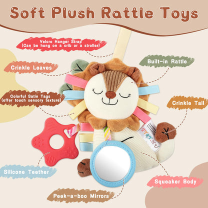 TYRY.HU Car Seat & Stroller Activity Toy,Soft Plush Cot Hanging Toy, Baby Rattle Toy with Strap,Developmental Sensory Toy-Textured Ribbons&Teether&Mirror&Crinkle Sounds for Infants 0 3 6 12 Months