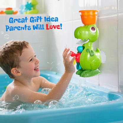Dinoland Dinosaur Bath Toys for Kids Ages 1-3, Baby Bath Toy with 4 Water Cups and Spinning Wheels, Fun Educational Bathtub Toy for Kids Age 2-4 Boys and Girls, Suction Cup Wall Mount