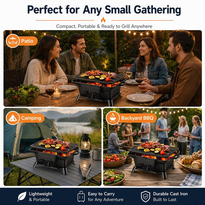 Hibachi Grill Outdoor, Portable Mini Charcoal Grill, Pre-Seasoned Cast Iron, Small Japanese Yakitori Tabletop Skillet Grill Stove for Outdoor Camping