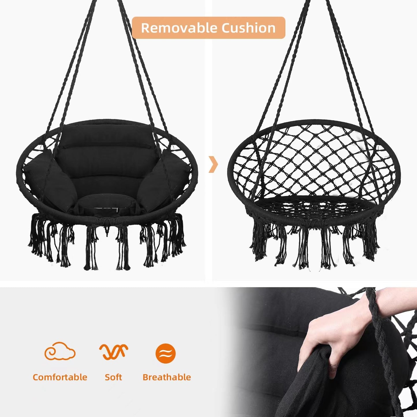 Goutime Hammock Chair with Hanging Hardware Kit and Back Cushions,Macrame Boho Swing Chairs for Indoor,Outdoor,Bedroom,Patio (Black)