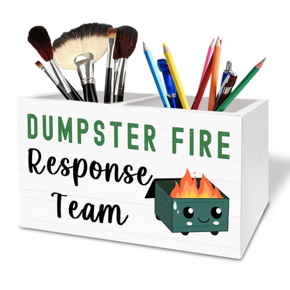 HYKDFMNCJ Funny Dumpster Fire Pen Holder for Desk, Dumpster Fire Response Team Wooden Box Sign Desk Decor for Office Decoration, Sarcastic Office Pencil Organizer, Funny Coworker Gifts