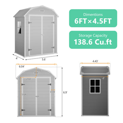 6x4.5 ft Resin Storage Shed with Floor, Outdoor Garden Shed for Backyard, Large Plastic Storage Shed with Double Doors, Weatherproof Tool Shed for Bike, Patio, Lawn