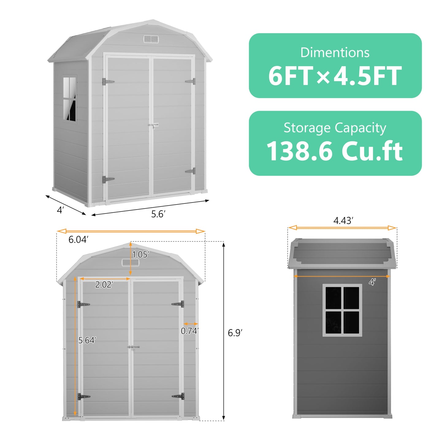 6 x 4.5 ft Outdoor Storage Shed, Garden Shed with Lockable Door & Sloped Roof Sheds Outdoor Storage, Waterproof Storage Shed with Floor Suitable for Patios,Gardens, Backyards and Construction Sites