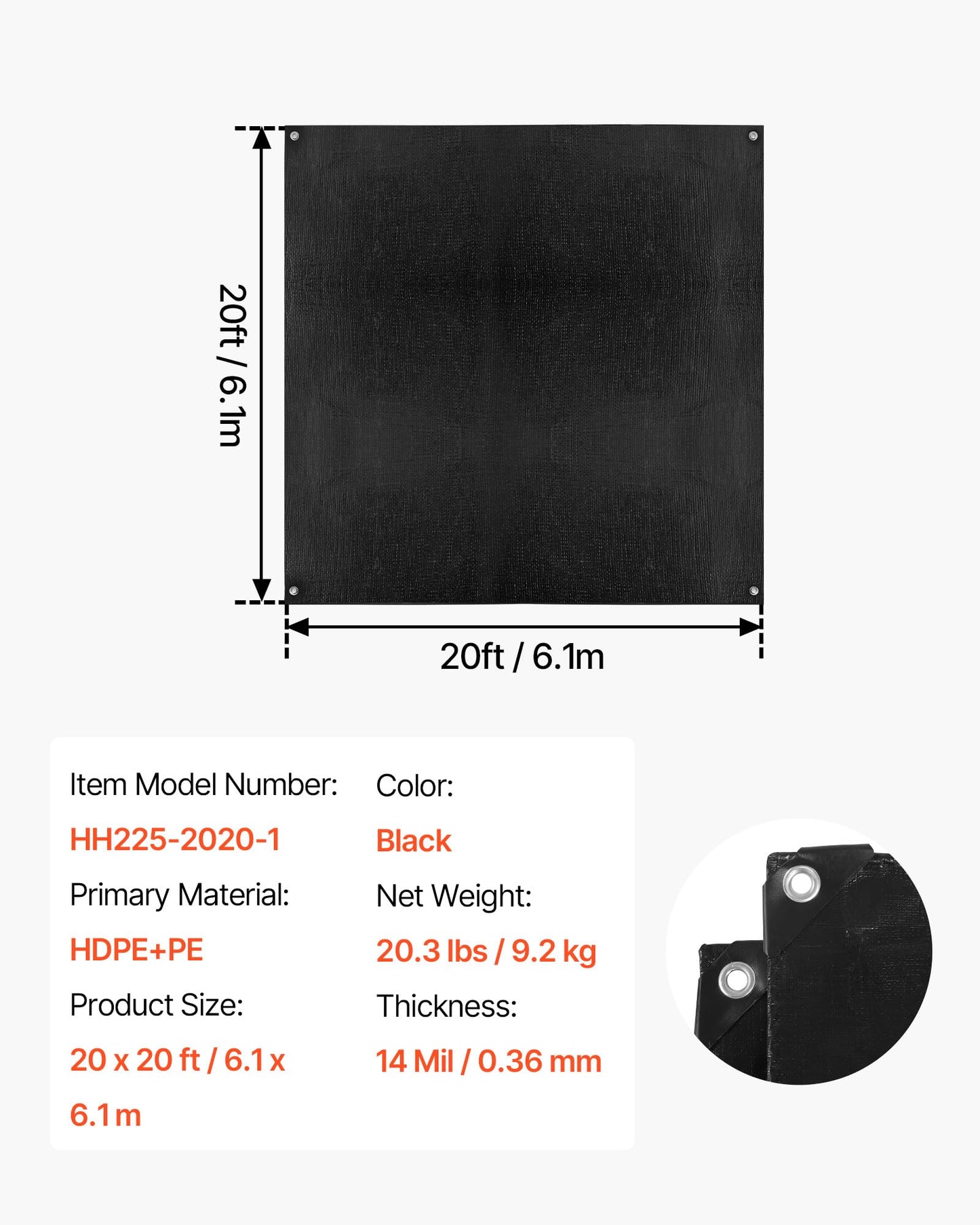 VEVOR 20 x 20 ft Pond Liner, 14 Mil Thickness, 3-Layer Reinforced PE Fish Koi Pond Liner for Outdoor Ponds, with Hemmed Edge and 4 Metal Buttonholes, for Water Garden, Waterfall, and Fountains, Black