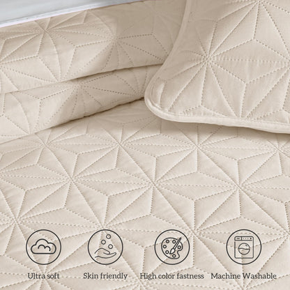 Whale Flotilla Queen Quilt Bedding Set, Soft Brich Beige Bedspreads Quilts Queen Full Size for All Seasons, 3 Pieces Lightweight Geometric Star Pattern Coverlet
