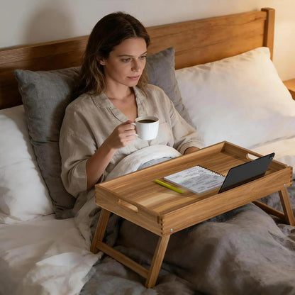 22"x14" Acacia Wood Folding Bed Tray Table, Extra Large Breakfast in Bed Tray with Raised 7.9" Leg Space, Foldable Legs, Tablet & Phone Slots, Cable Grooves, Food Tray for Bed