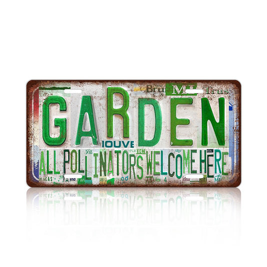 Vintage Garden Metal Tin Sign License Plate Wall Decor for Garden Lover 12 x 6 Inches - all pollinators welcome here