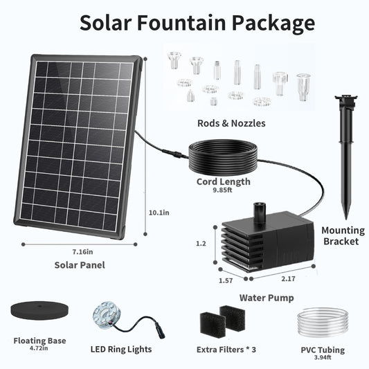 Antfraer 8W Solar Fountain Pump Built-in 3600mAh Battery & LED Lights, Solar Powered Water Pump with Double-Layer Nozzle & 5ft Tubing, Solar Water Fountain For Bird Bath Pond Garden DIY Water Features