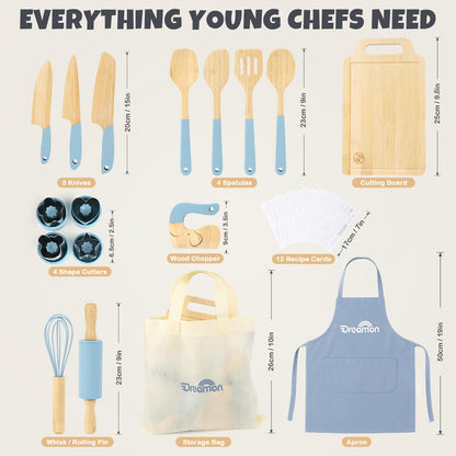 29 PCS Wooden Kids Cooking Set, Toddler Montessori Cooking & Baking Kitchen Tools for Real Cooking, 3 Knifes, Real Cutting Board, Apron, Kid Safe Kitchen Utensils for 3+ Year Old Boys Girls Gift