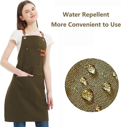 AFUN Chef Aprons for Women Men with Oversized Pockets, 12-Ounce Cotton Canvas Cross Back Water Repellent Apron (Grey Green)