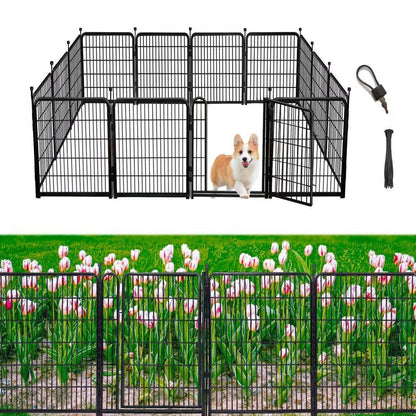Getlay Tall Garden Fences and Borders for Dogs, 4.6ft High Dog Fence, 10 Panels Total 22.1Ft Long, Gate 21 inches Wide with Low Sills, Animal Barrier Fence, Metal Fence Panels, Flower Bed Fencing