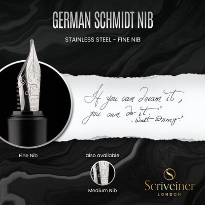 Scriveiner Luxury EDC Fountain Pen (Fine), Stunning Matt Black Pocket Pen, Chrome Finish, Schmidt German Nib, Converter, Best Writing Pen Gift Set for Men & Women, Nice Fancy Office Designer Pen